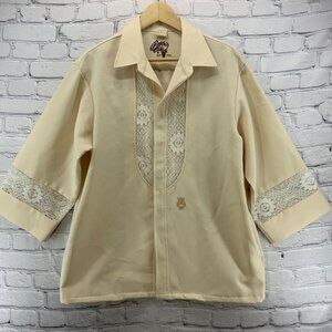 Vtg Lolani Beau Tiki Hawaiian Wedding Aloha Shirt Cream Beige Lace Mens L FLAW